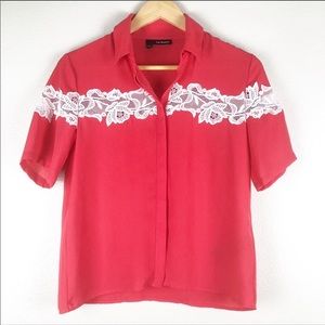 The kooples red button blouse with lace floral